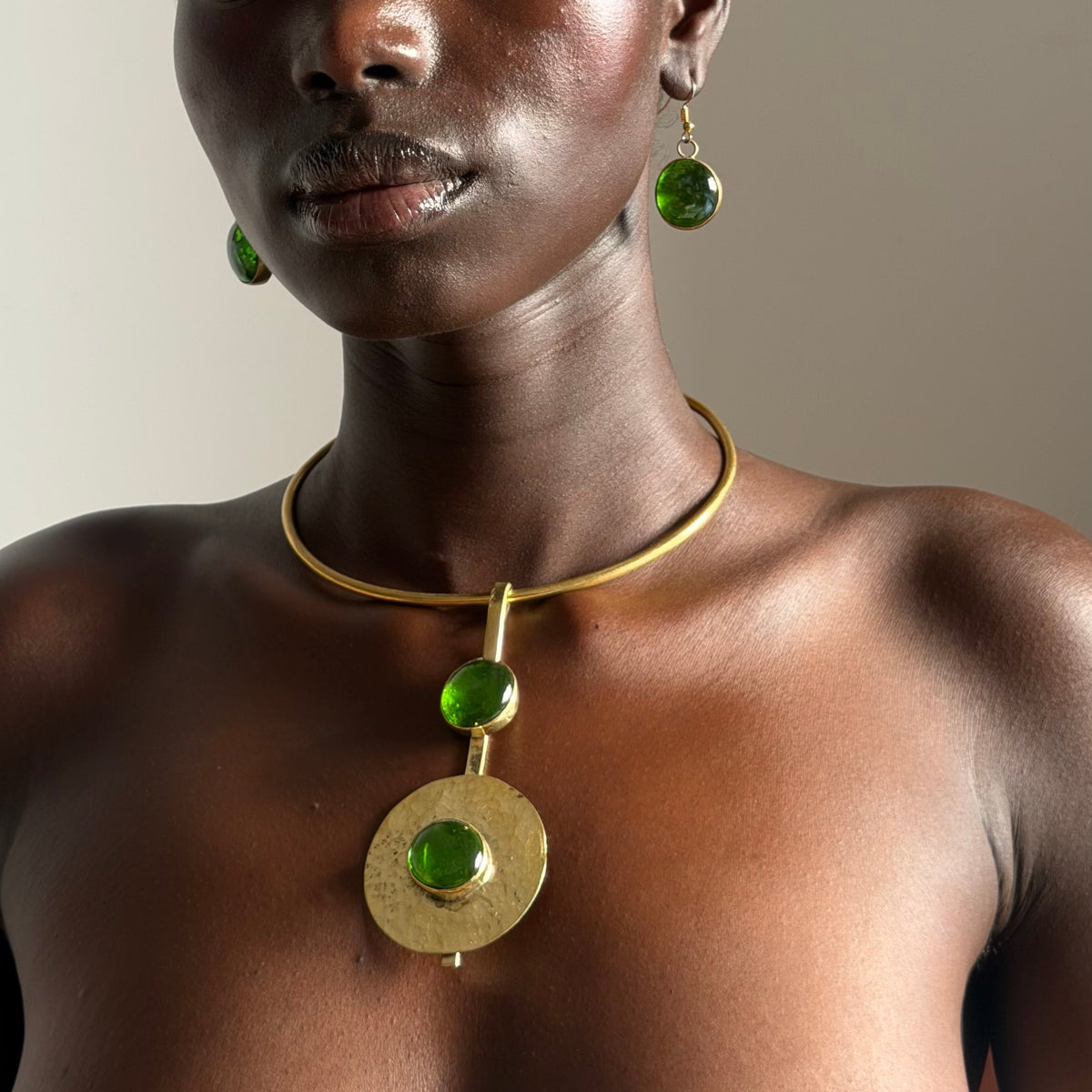 Emerald Glass and Plate Neck Cuff