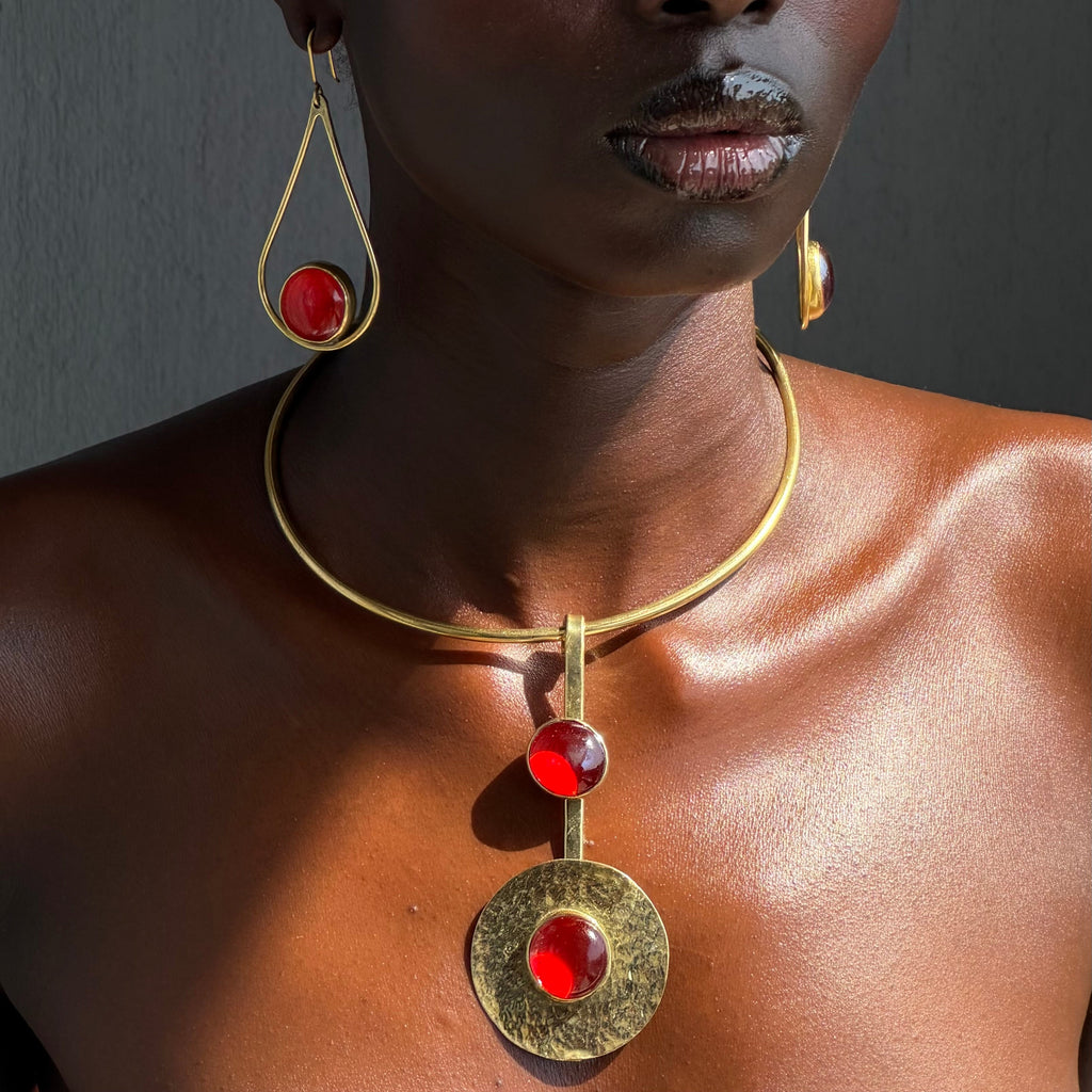 Ruby Glass and Plate Neck Cuff