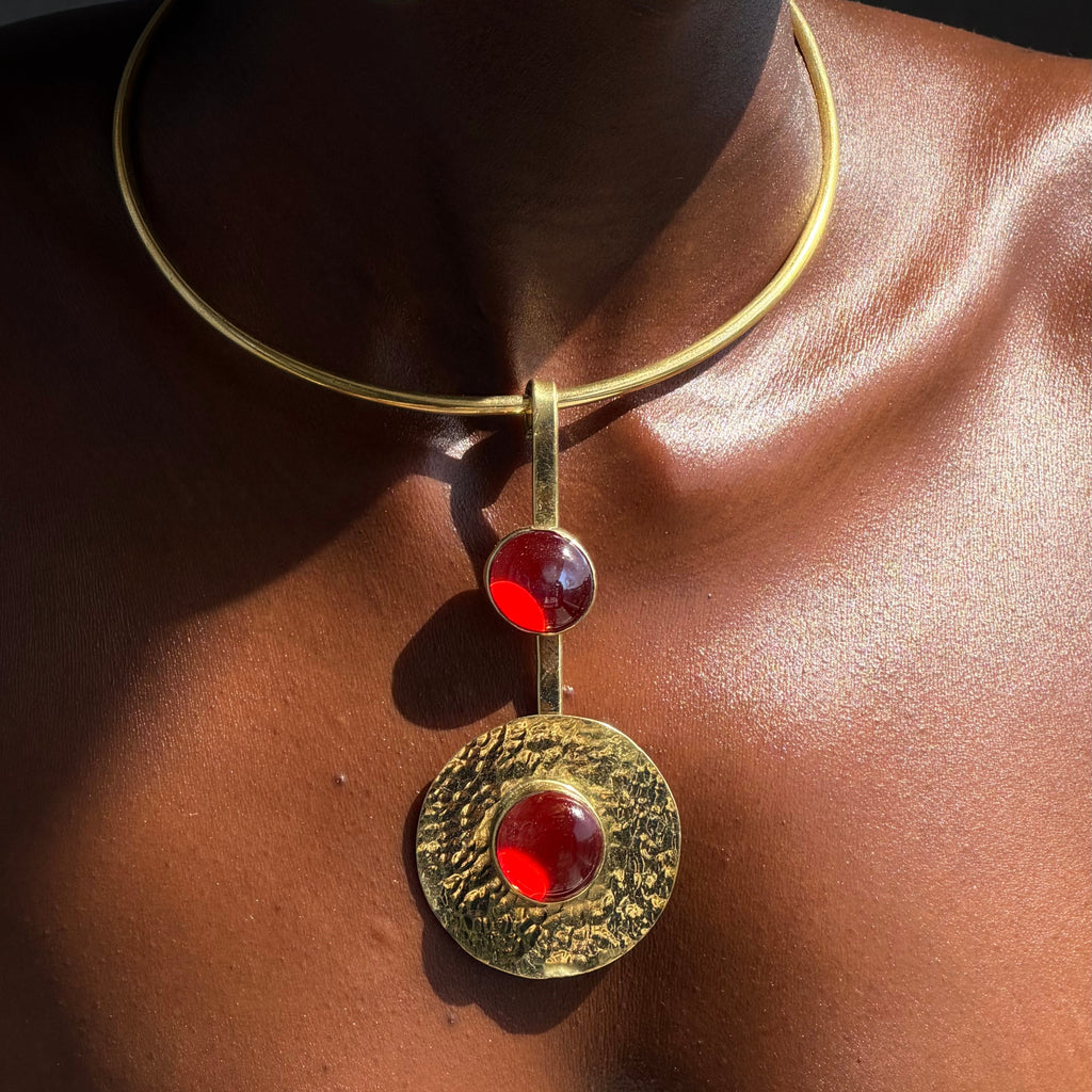 Ruby Glass and Plate Neck Cuff