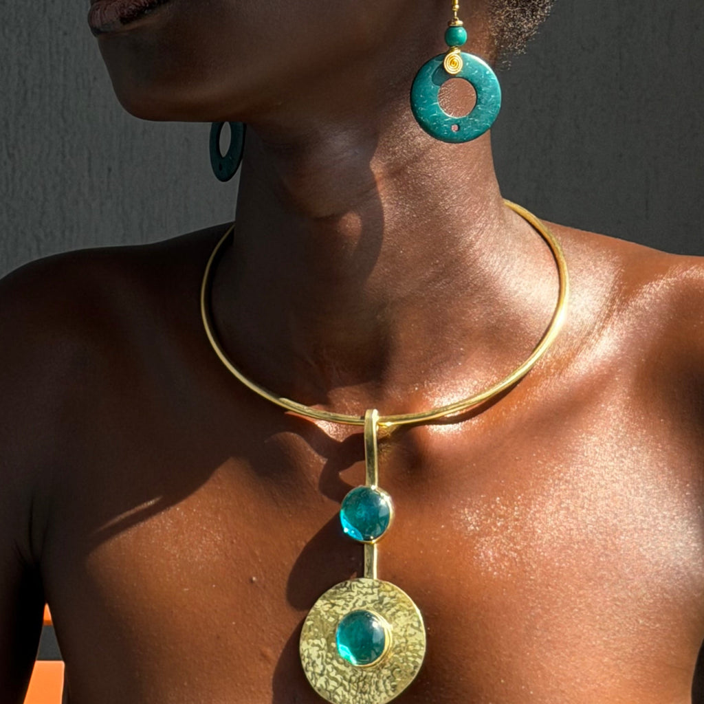 Teal Glass and Plate Neck Cuff