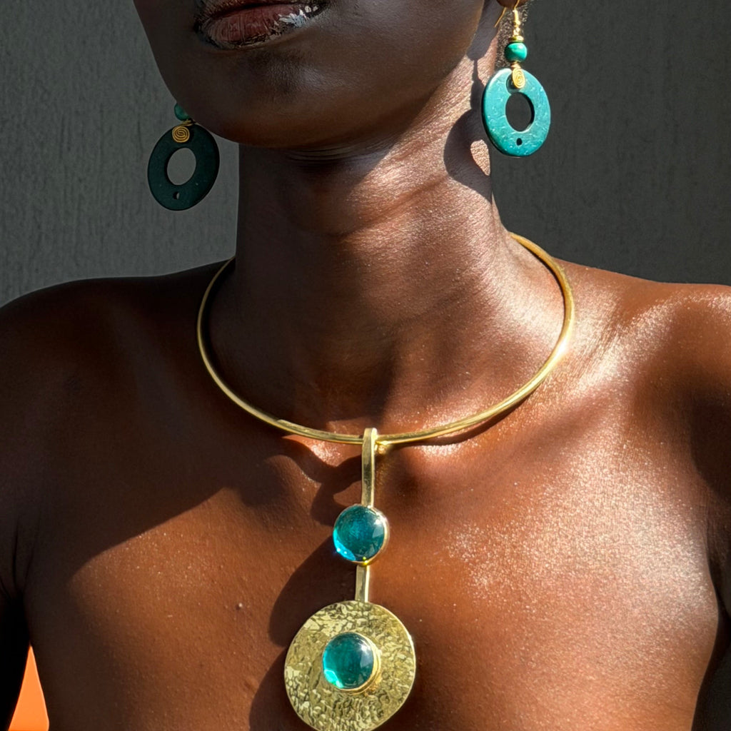 Teal Glass and Plate Neck Cuff